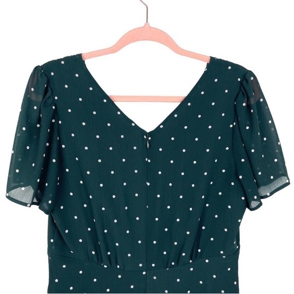 Madewell green and white dot smocked shoulder v neck dress smoky spruce, size 0 - Picture 6 of 10